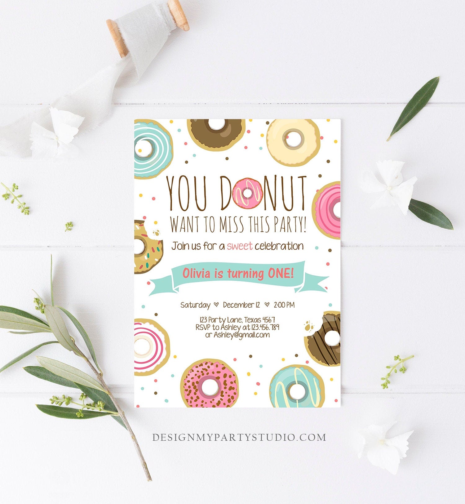 Editable Donut Birthday Invitation You Donut Want To Miss This Girl Pink Sweet Doughnut First Birthday 1st Donut Grow Up Corjl Template 0050