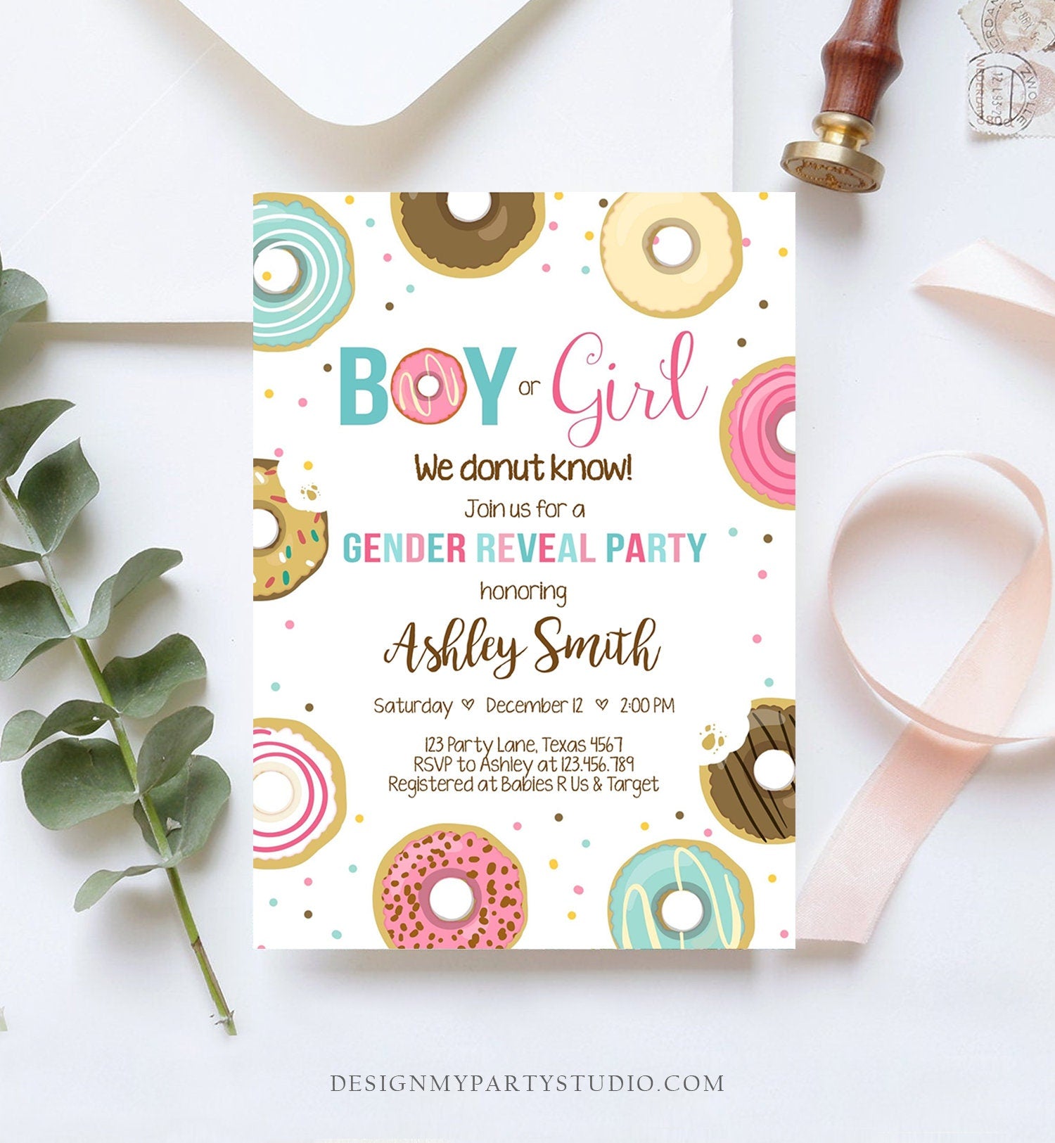 Editable Donut Gender Reveal Invitation Baby Shower Boy or Girl Pink or Blue He or She Pink Sweet Corjl Template Download Digital 0050