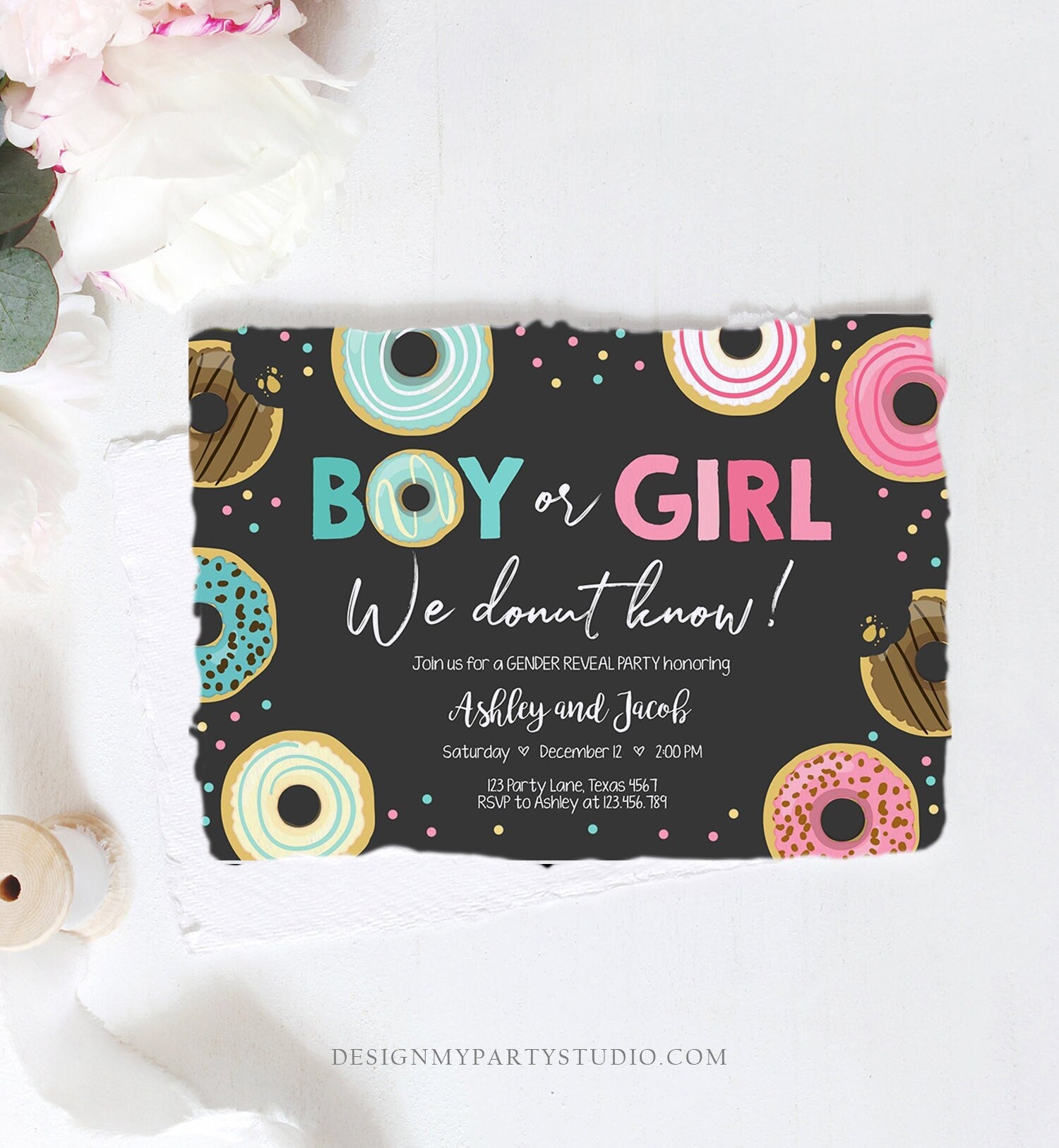 Editable Donut Gender Reveal Invitation Baby Shower Boy or Girl Pink or Blue He or She Pink Sweet Corjl Template Download Digital 0050