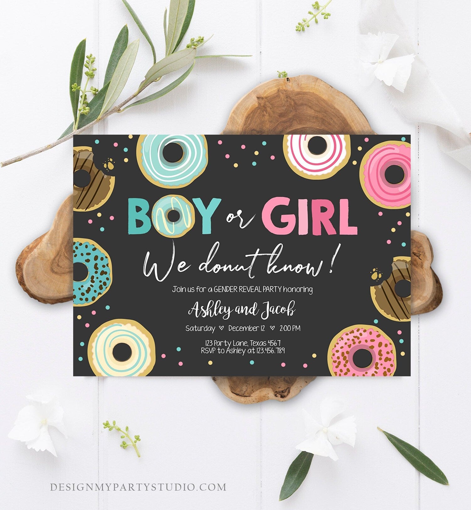 Editable Donut Gender Reveal Invitation Baby Shower Boy or Girl Pink or Blue He or She Pink Sweet Corjl Template Download Digital 0050