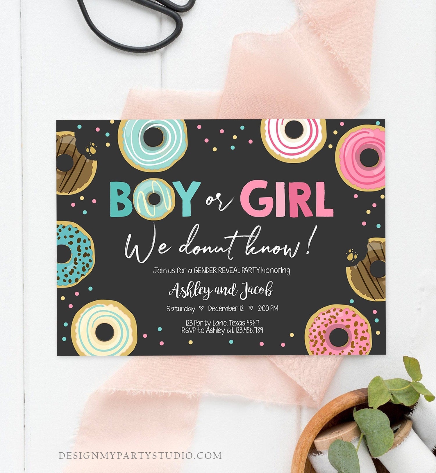 Editable Donut Gender Reveal Invitation Baby Shower Boy or Girl Pink or Blue He or She Pink Sweet Corjl Template Download Digital 0050