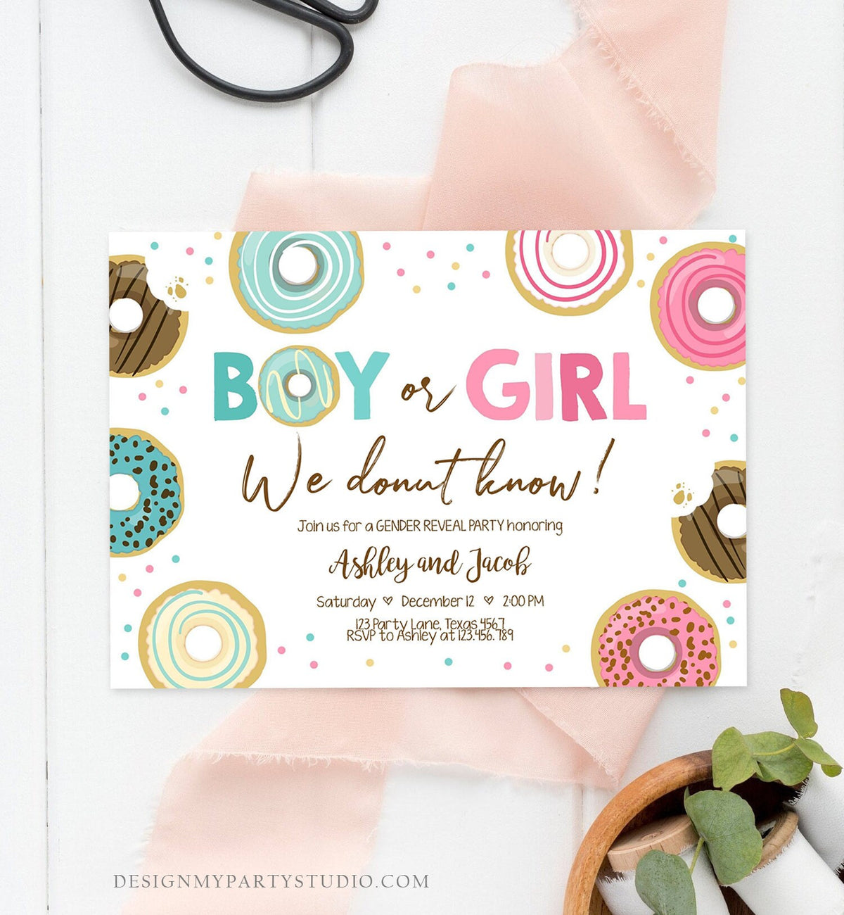 Editable Donut Gender Reveal Invitation Baby Shower Boy or Girl Pink or Blue He or She Pink Sweet Corjl Template Download Digital 0050