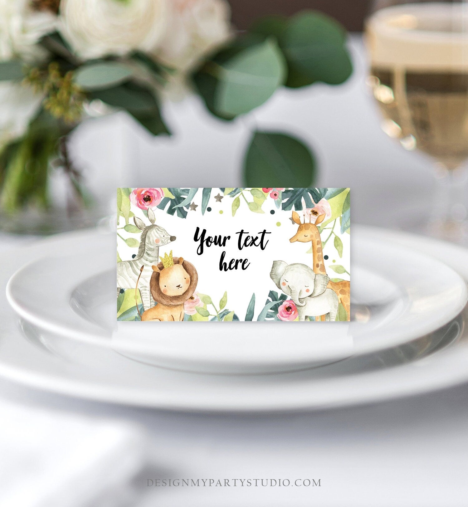 Editable Safari Food Labels Wild One Animals Place Card Tent Card Escort Card Pink Gold Jungle Birthday Girl Digital Template Printable 0163