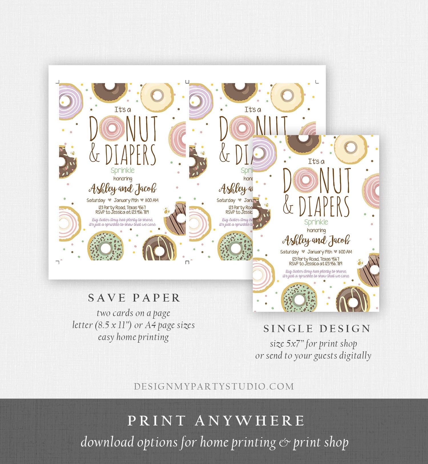 Editable Donut and Diapers Sprinkle Invitation Sprinkled With Love Coed Shower Pastel Pink Girl Boy Neutral Printable Corjl Template 0050