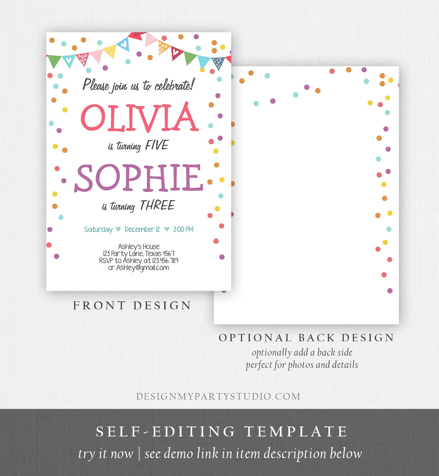 Editable Twin Birthday Invitation Twins Confetti Girls Joint Birthday Party Twin Confetti Download Printable Template Digital Corjl 0292