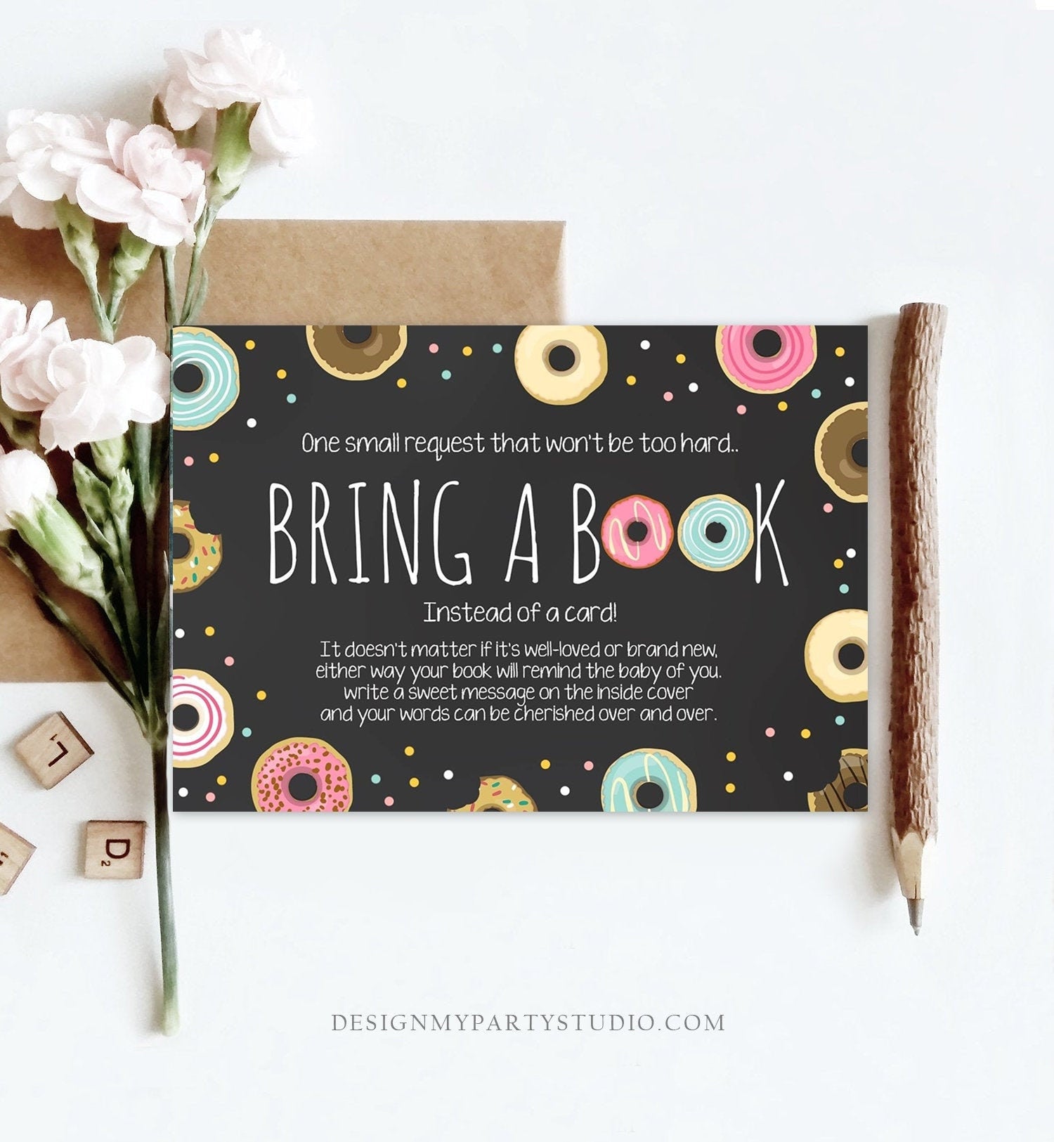 Editable Donut Bring a Book Card Pink Girl Baby Shower Sprinkle Book Insert Books for Baby Book Request Doughnut Digital Corjl Template 0050