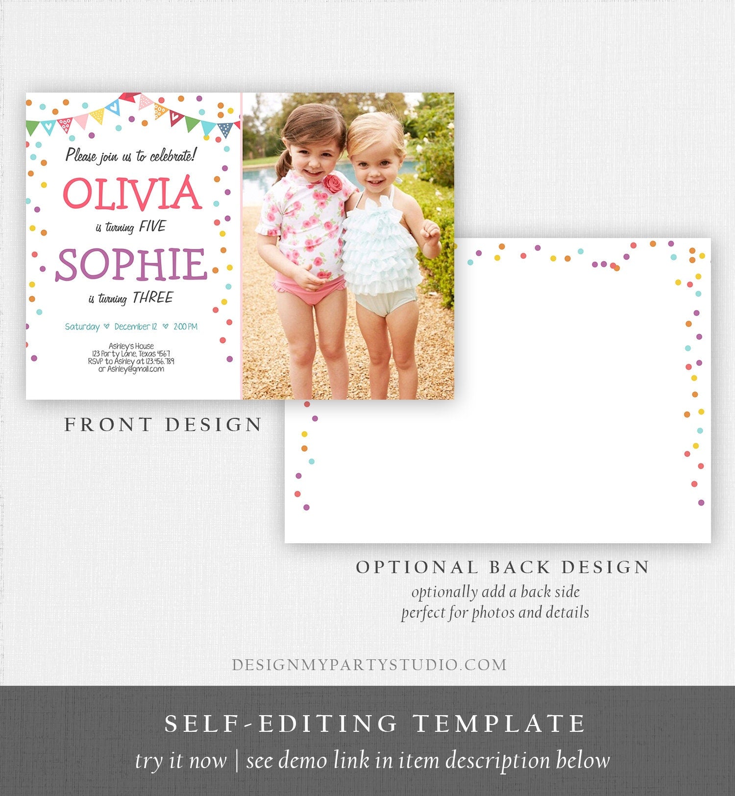 Editable Joint Birthday Invitation Twin Girls Confetti Twin Birthday Party Siblings Confetti Download Digital Corjl Template Printable 0292