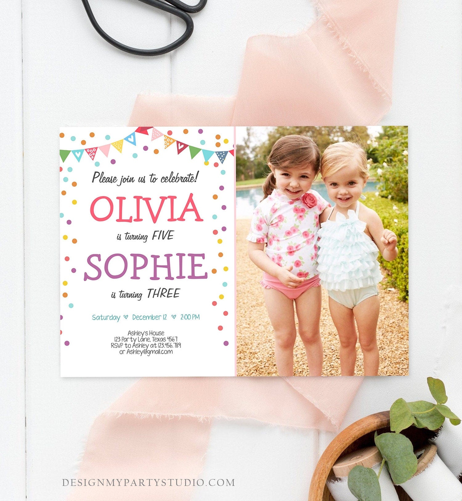 Editable Joint Birthday Invitation Twin Girls Confetti Twin Birthday Party Siblings Confetti Download Digital Corjl Template Printable 0292