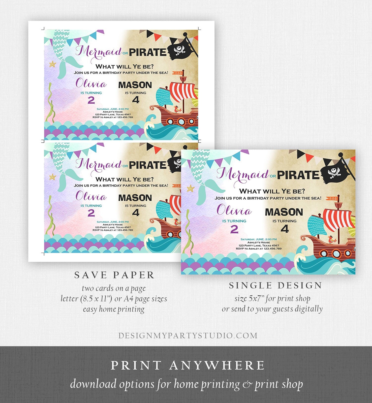 Editable Mermaid and Pirate Birthday Invitation Sibling Pirate or Mermaid Invite Boy and Girl Joint Download Printable Template Corjl 0293