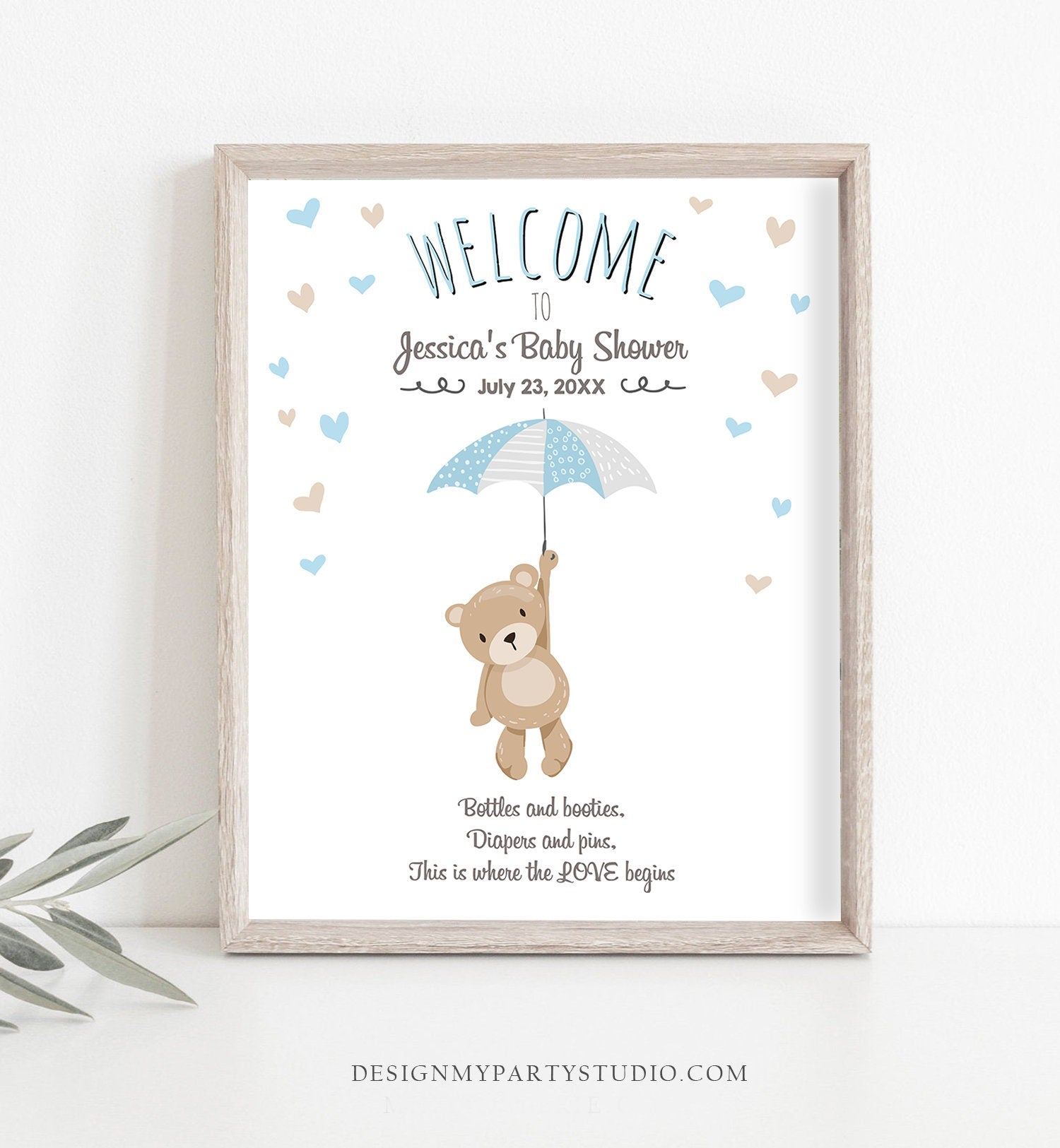 Editable Teddy Bear Welcome Sign Bear Baby Shower Blue Boy Welcome Sign Cute Umbrella Baby Sprinkle Woodland Template PRINTABLE Corjl 0025