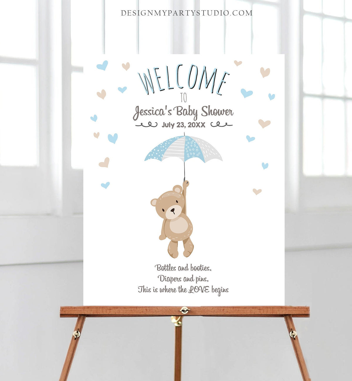 Editable Teddy Bear Welcome Sign Bear Baby Shower Blue Boy Welcome Sign Cute Umbrella Baby Sprinkle Woodland Template PRINTABLE Corjl 0025