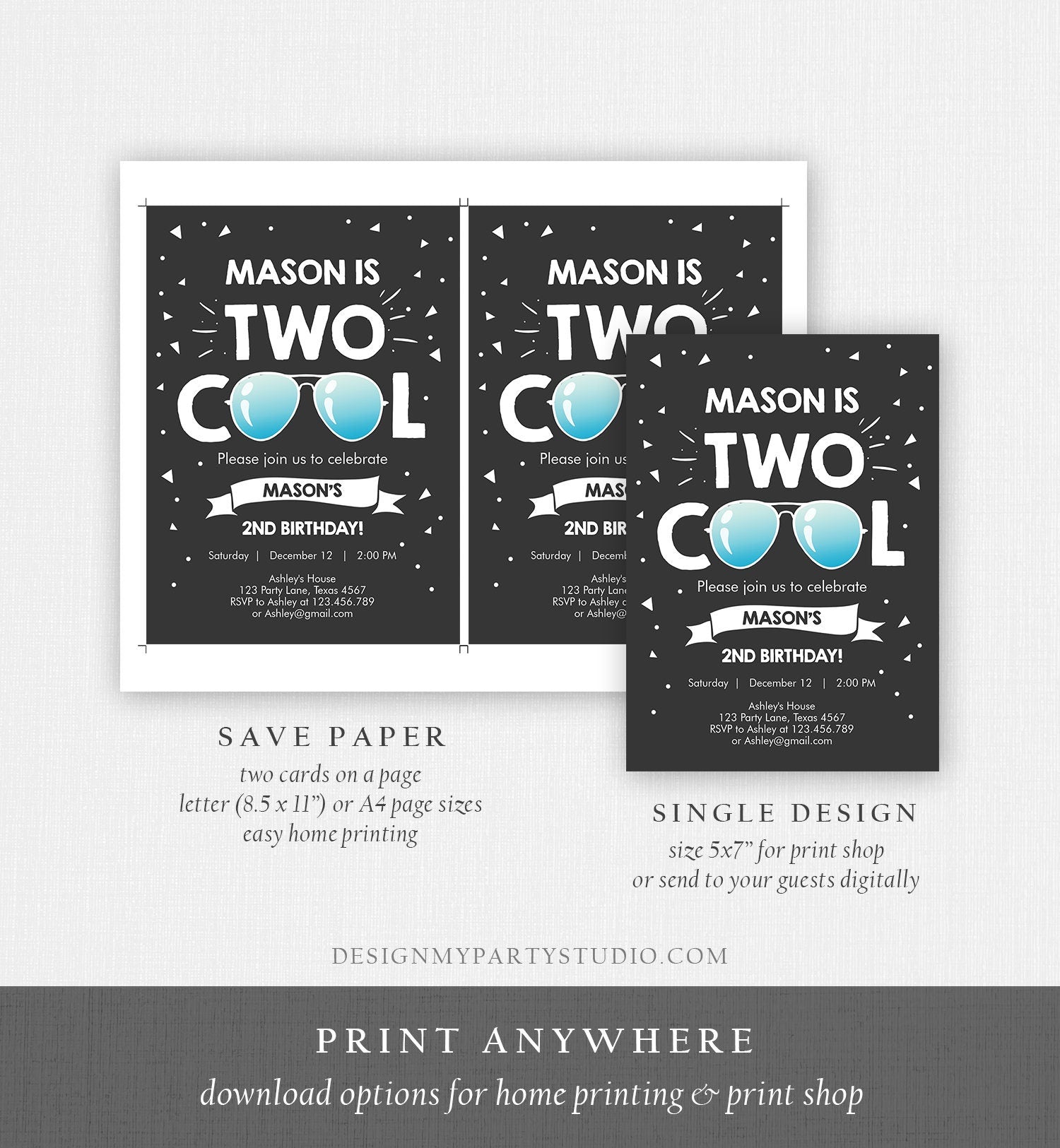 Editable Two Cool Birthday Invitation Boy Second Birthday Party 2nd I'm this Many I'm Two Cool Digital Download Template Printable 0136