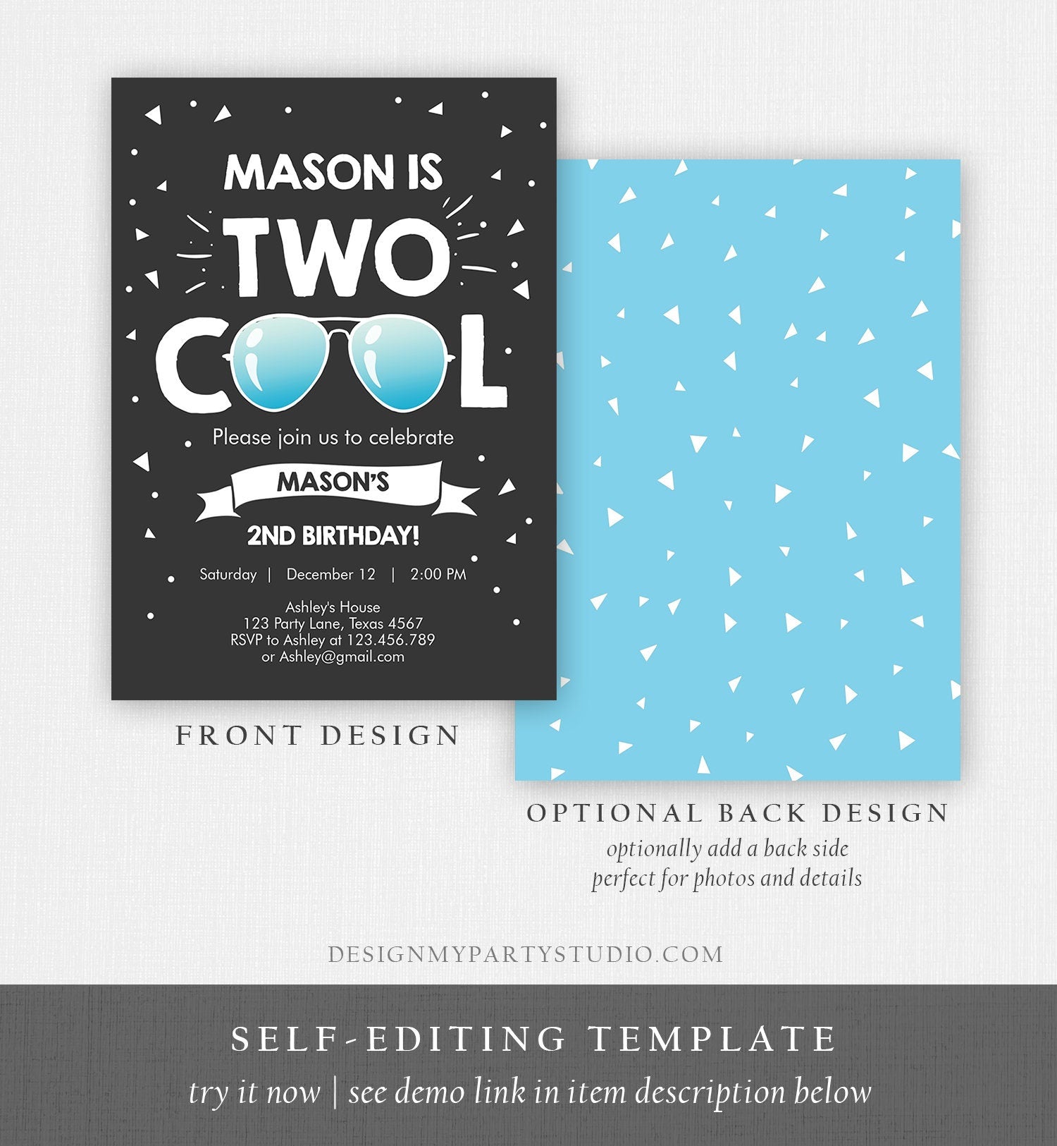 Editable Two Cool Birthday Invitation Boy Second Birthday Party 2nd I'm this Many I'm Two Cool Digital Download Template Printable 0136