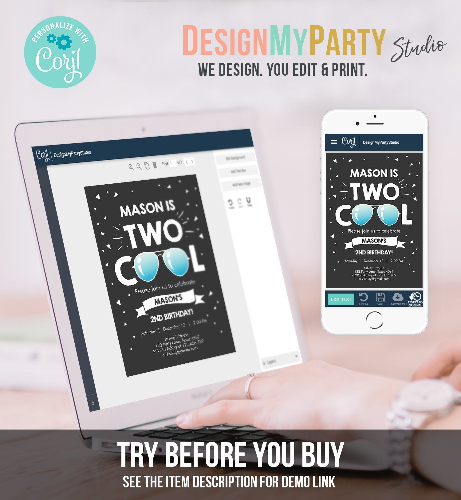 Editable Two Cool Birthday Invitation Boy Second Birthday Party 2nd I'm this Many I'm Two Cool Digital Download Template Printable 0136