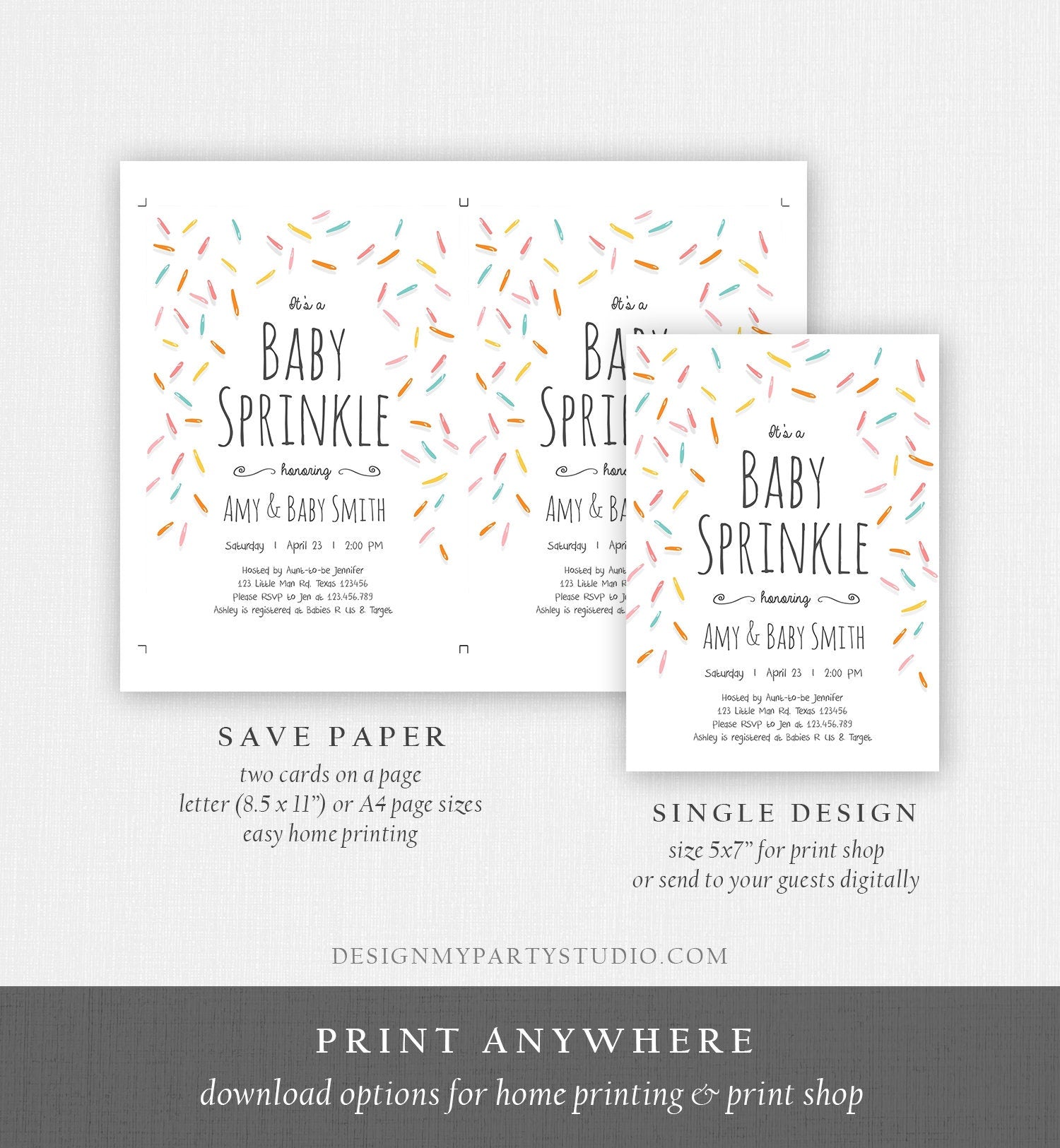 Editable Baby Sprinkle Shower Invitation Baby Shower Coed Shower Gender Neutral Confetti Sprinkles Digital Corjl Template Printable 0216