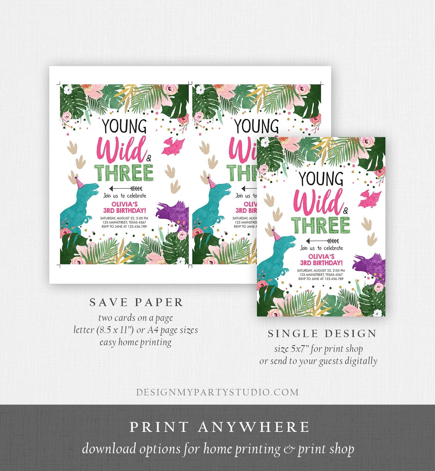 Editable Young Wild and Three Birthday Invitation Dinosaur Dino Party Girl 3rd Third Birthday Pink Purple Corjl Template Printable 0388