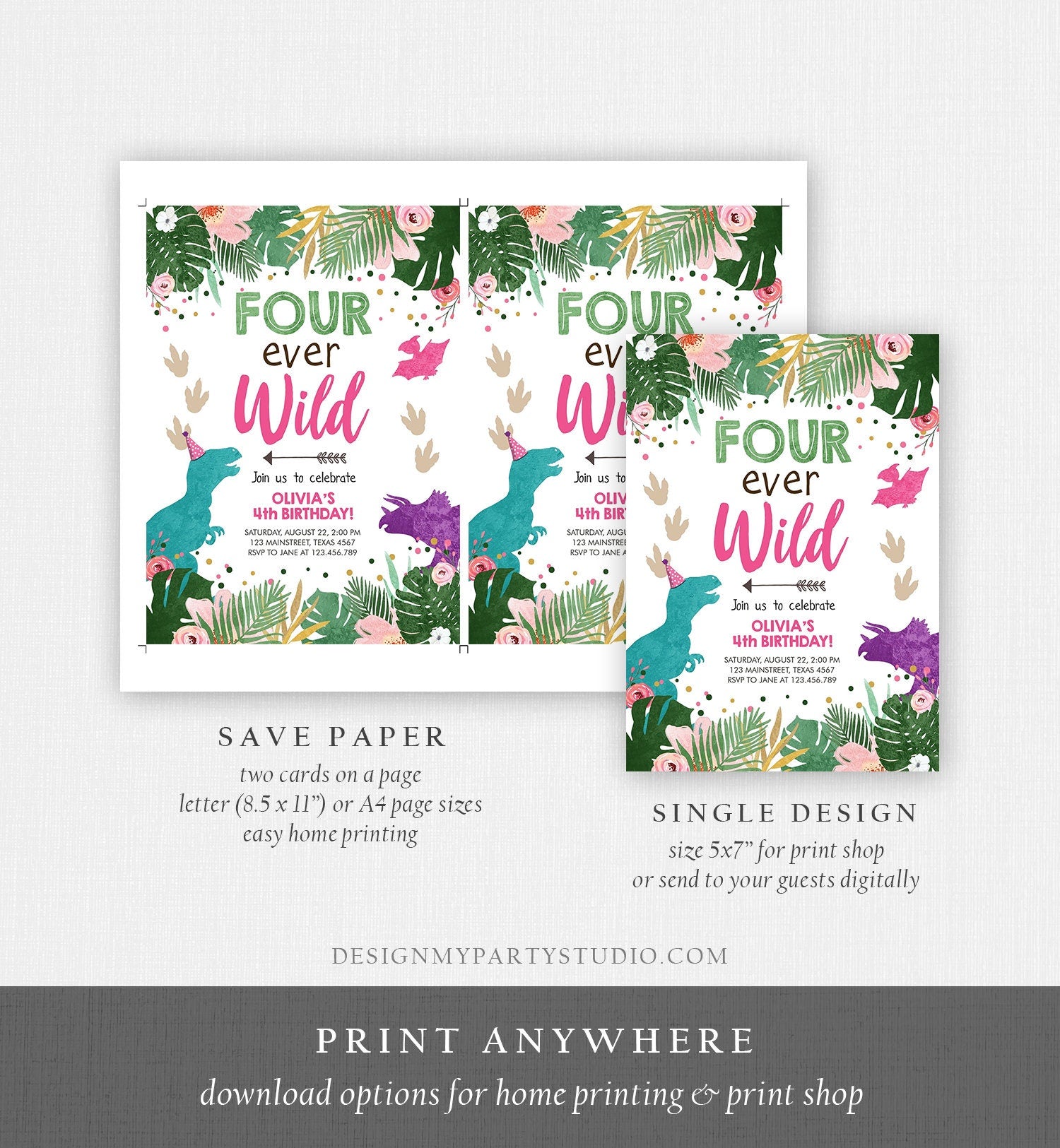 Editable Four Ever Wild Birthday Invitation Dinosaur Dino Party Girl 4th Fourth Birthday Pink Purple Fourever Corjl Template Printable 0388