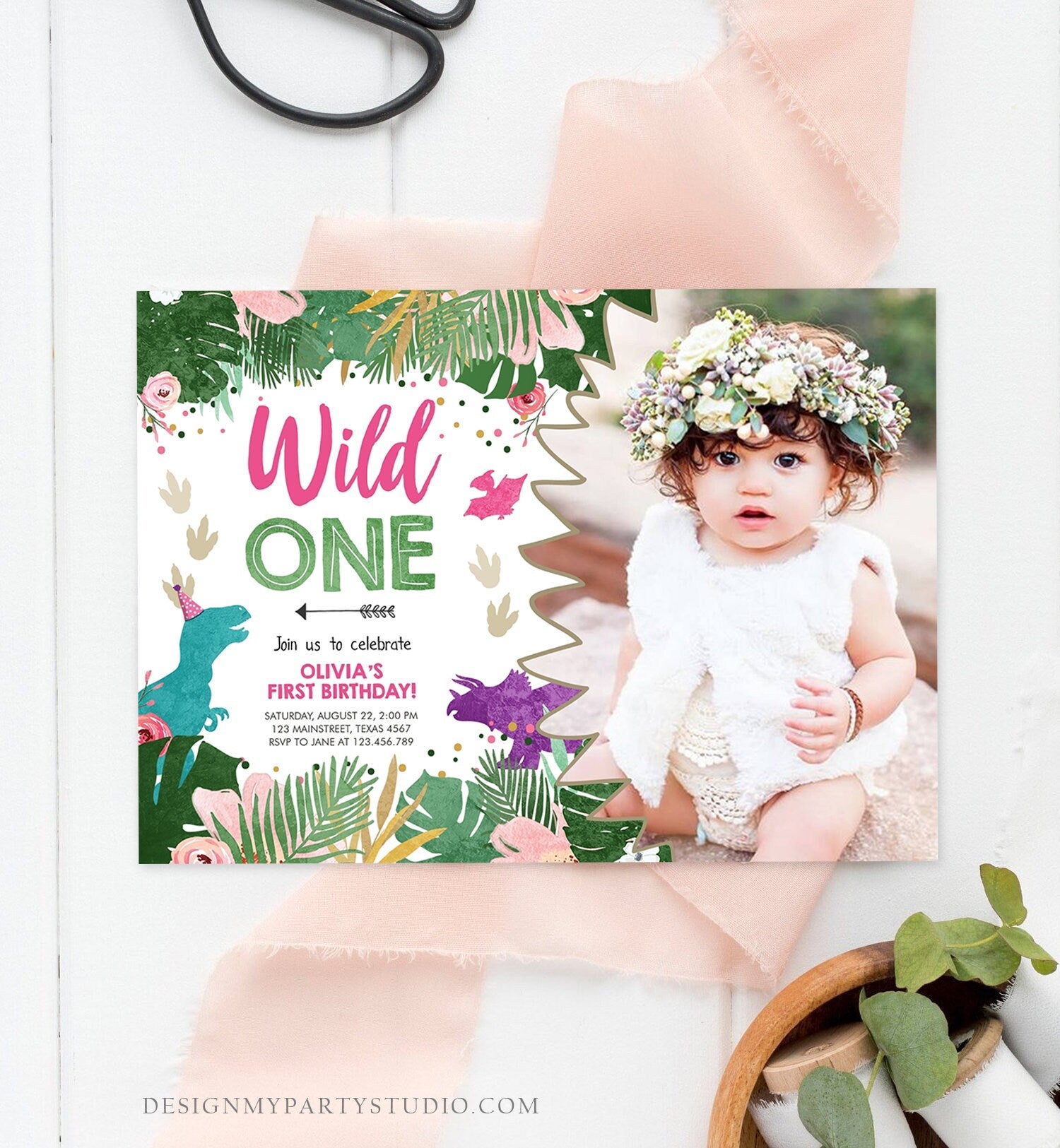 Editable Wild One Birthday Invitation Dinosaur Dino Party Girl 1st First Birthday Pink Purple Digital Download Corjl Template Printable 0388