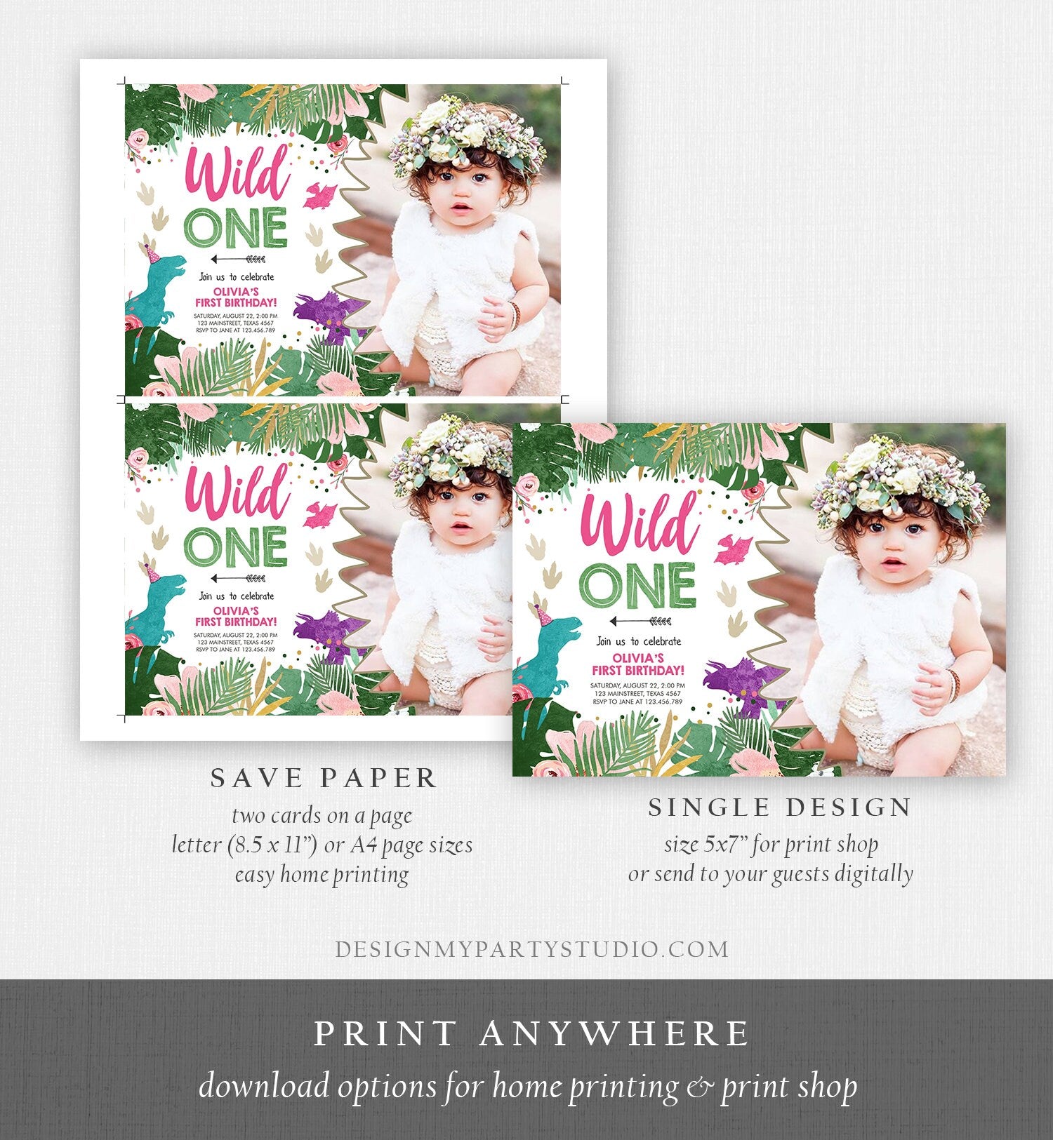 Editable Wild One Birthday Invitation Dinosaur Dino Party Girl 1st First Birthday Pink Purple Digital Download Corjl Template Printable 0388