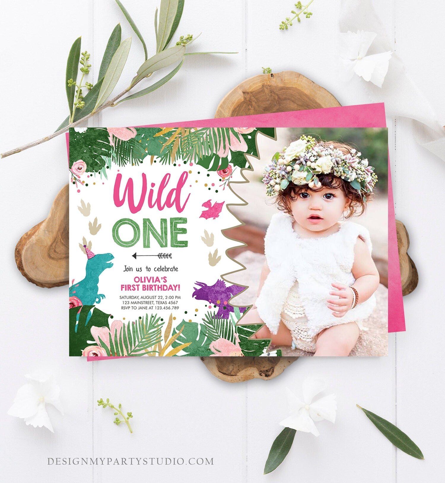 Editable Wild One Birthday Invitation Dinosaur Dino Party Girl 1st First Birthday Pink Purple Digital Download Corjl Template Printable 0388