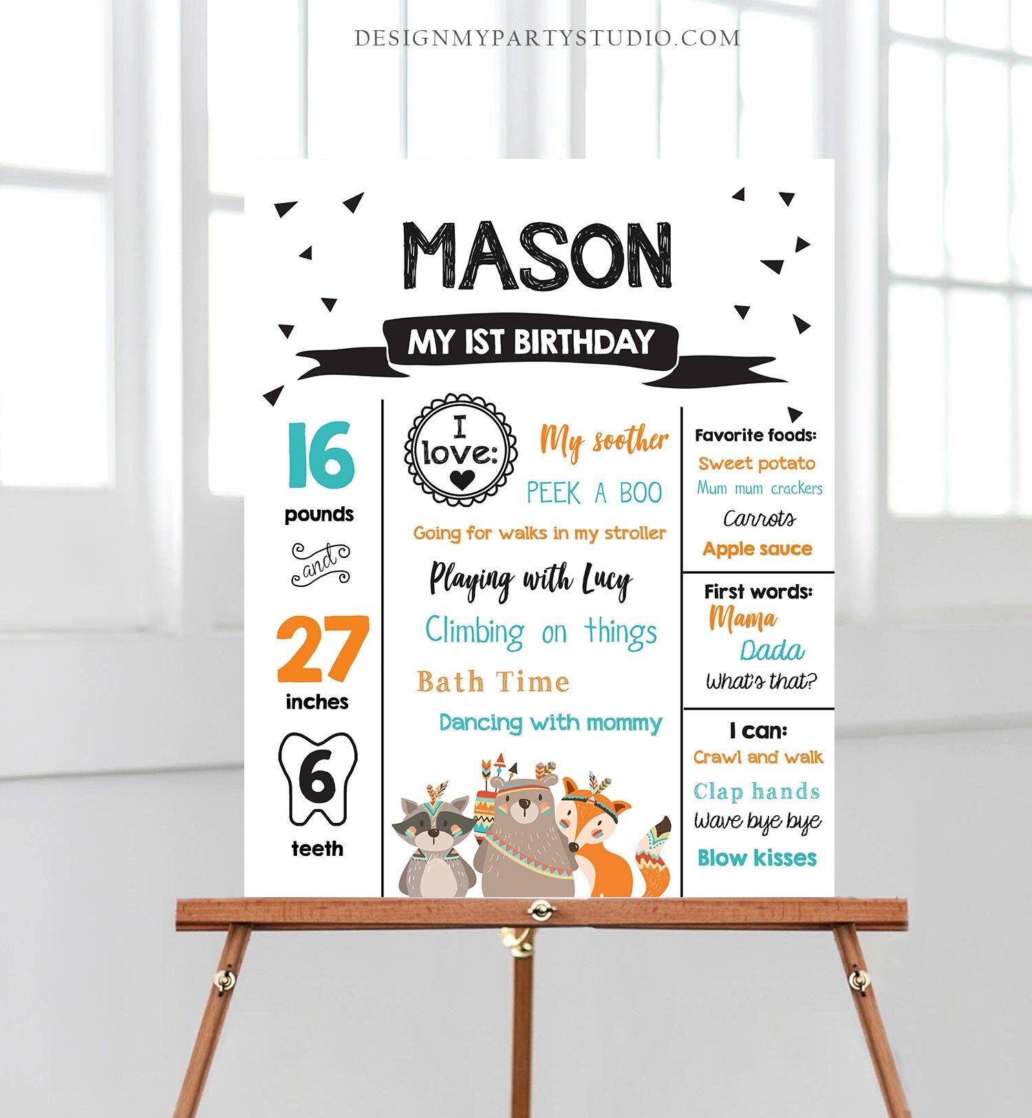 Editable Tribal Woodland Birthday Milestones Sign Wild One First Birthday 1st Boy Boho Woodland Animals Corjl Template Printable 0061