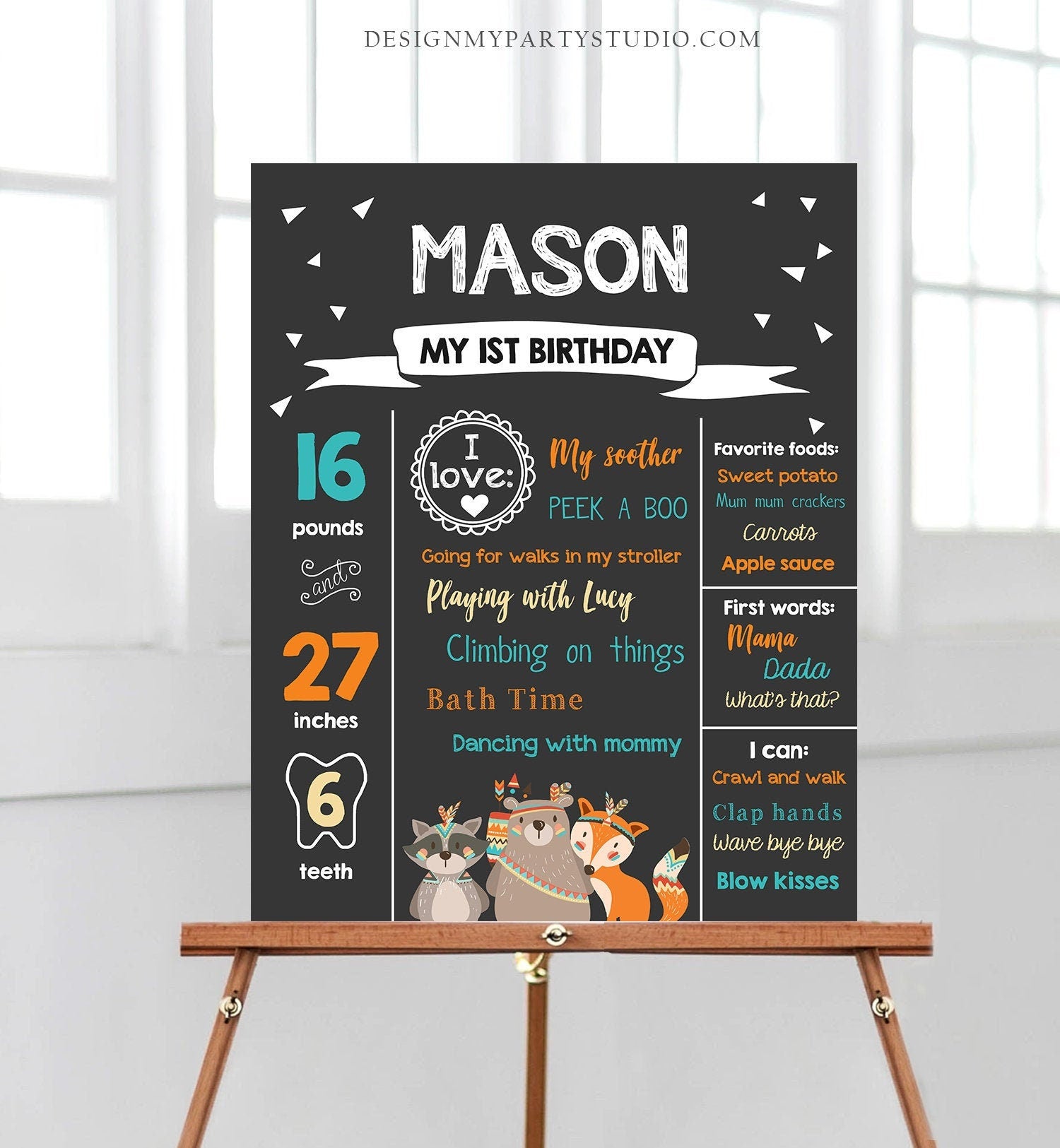 Editable Tribal Woodland Birthday Milestones Sign Wild One First Birthday 1st Boy Boho Woodland Animals Corjl Template Printable 0061