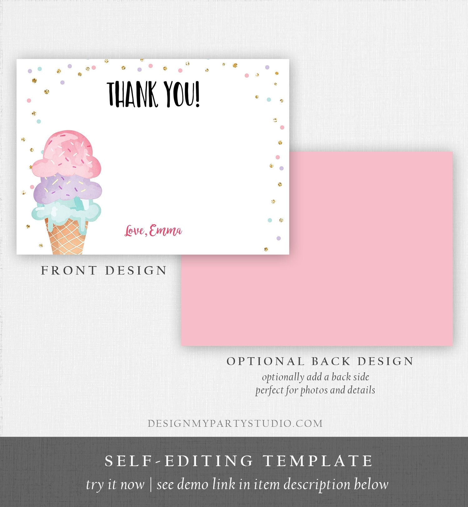 Editable Ice Cream Thank You Card Ice Cream Birthday Thank you Note Girl Birthday Summer Download Printable Template Digital Corjl 0243