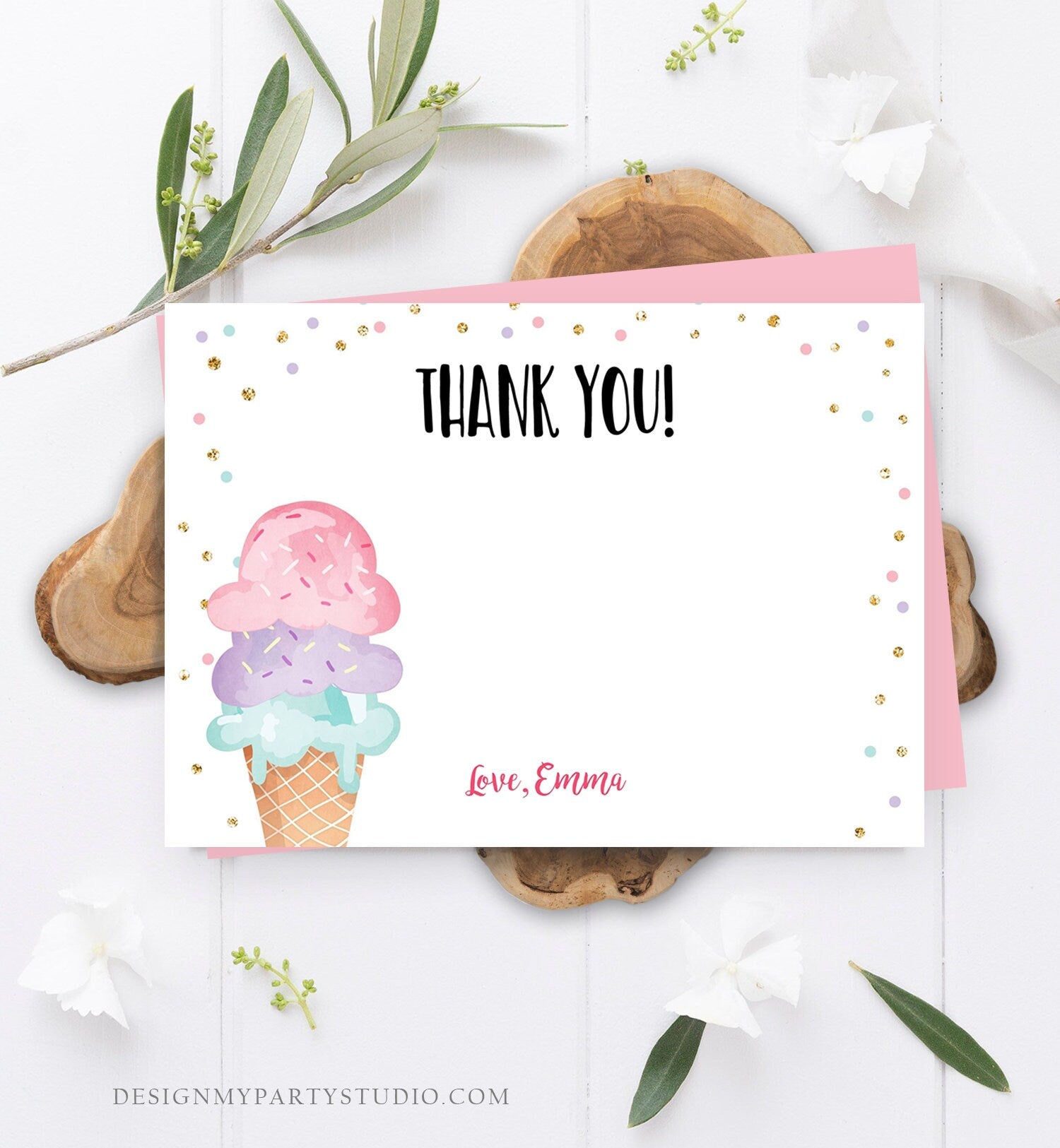 Editable Ice Cream Thank You Card Ice Cream Birthday Thank you Note Girl Birthday Summer Download Printable Template Digital Corjl 0243