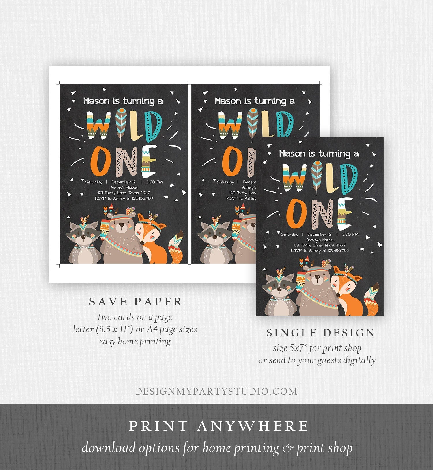 Editable Tribal Woodland Wild One First Birthday Invitation Boho Woodland Animals Boy Chalk Download Printable Template Corjl Digital 0061