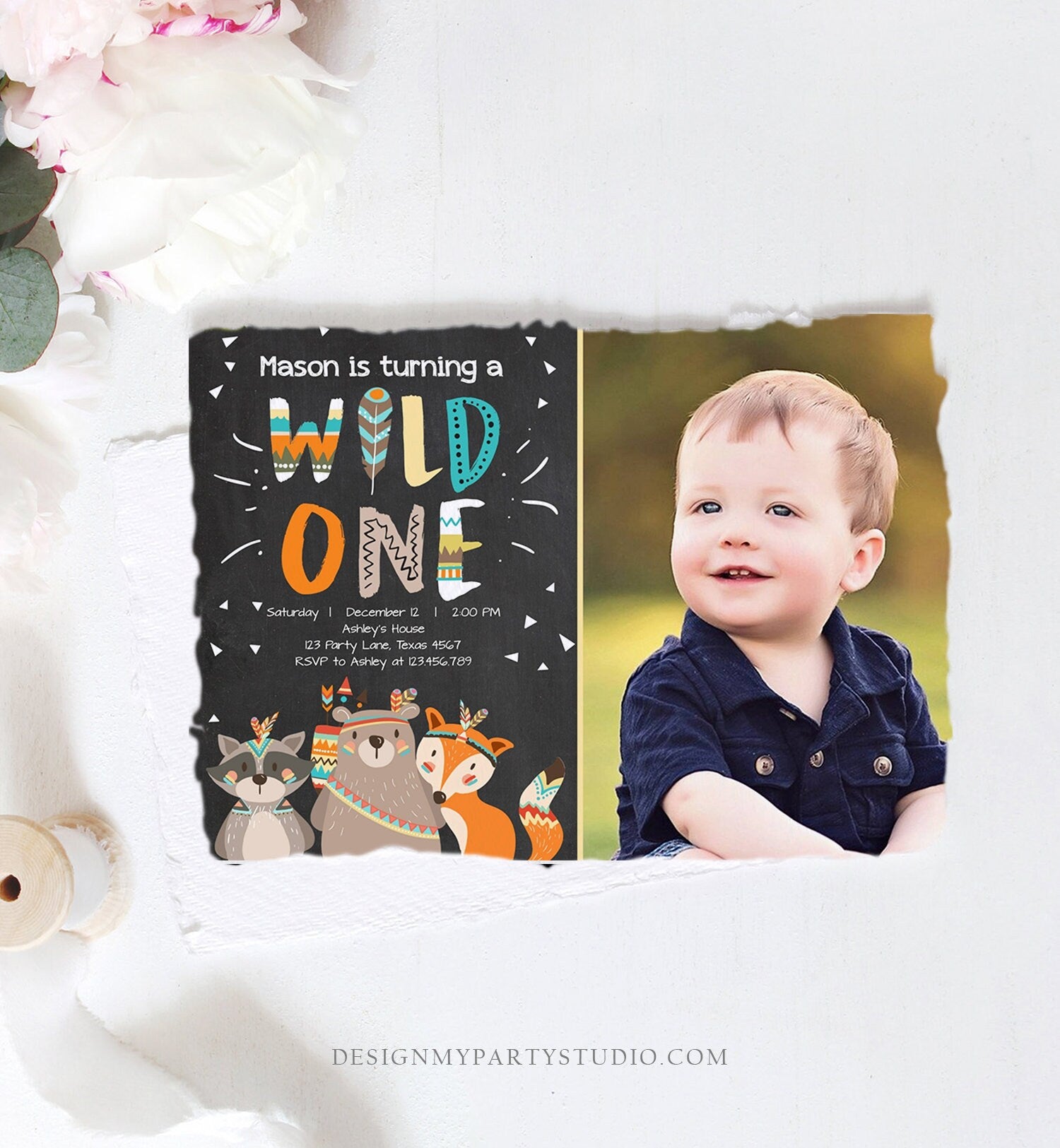 Editable Tribal Woodland Wild One First Birthday Invitation Boho Woodland Animals Boy Chalk Photo Printable Template Corjl Digital 0061