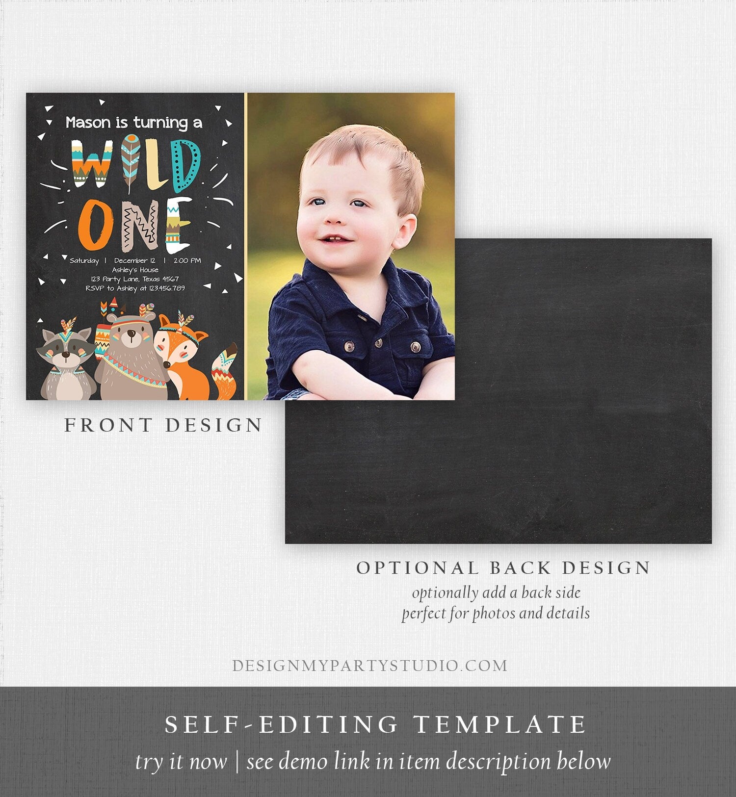 Editable Tribal Woodland Wild One First Birthday Invitation Boho Woodland Animals Boy Chalk Photo Printable Template Corjl Digital 0061