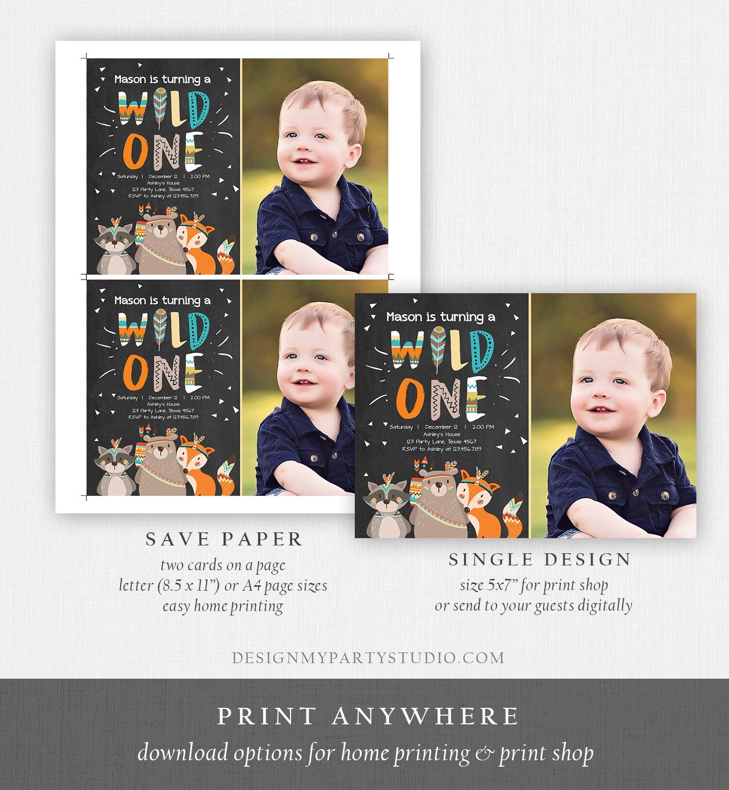 Editable Tribal Woodland Wild One First Birthday Invitation Boho Woodland Animals Boy Chalk Photo Printable Template Corjl Digital 0061