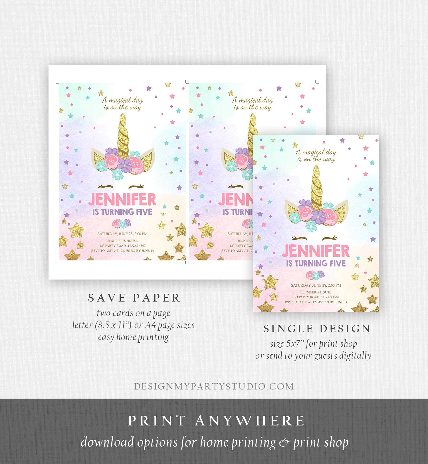 Editable Magical Unicorn Birthday Invitation ANY AGE Pastel Pink Girl Gold Stars Party Floral Digital Download Corjl Template Printable 0041