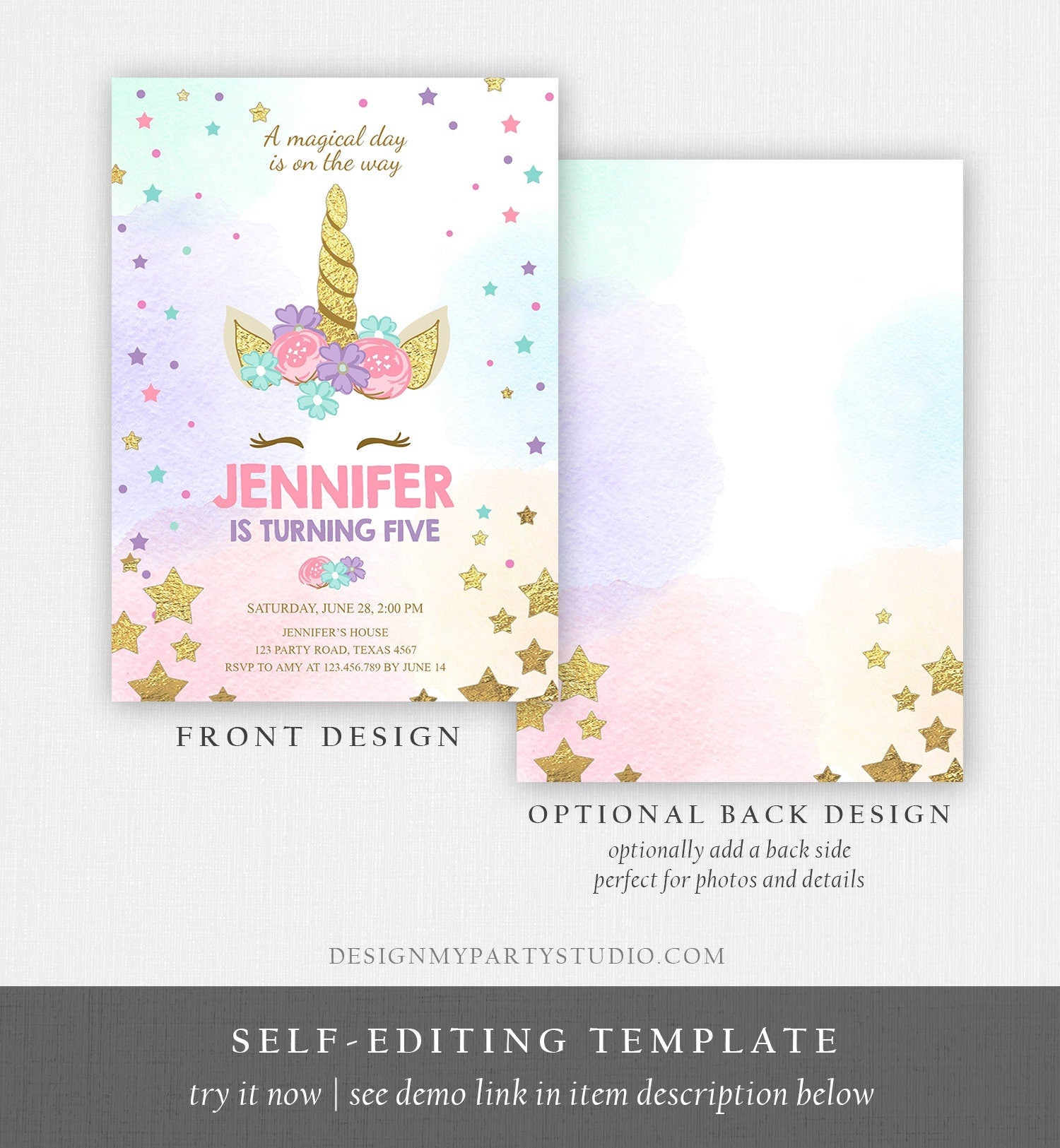 Editable Magical Unicorn Birthday Invitation ANY AGE Pastel Pink Girl Gold Stars Party Floral Digital Download Corjl Template Printable 0041