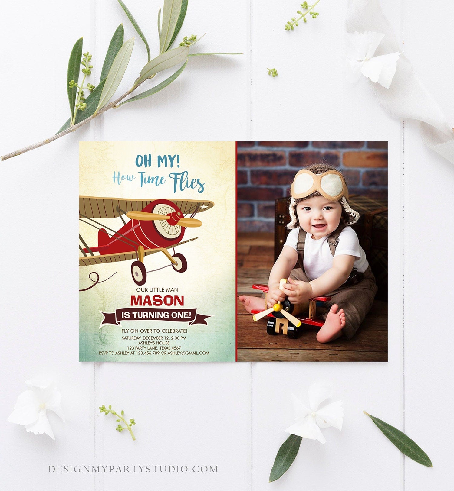 Editable Airplane Birthday Invitation Oh My How Time Flies Vintage Plane Sky 1st Red Biplane Aircraft Wing Download Corjl Template 0011