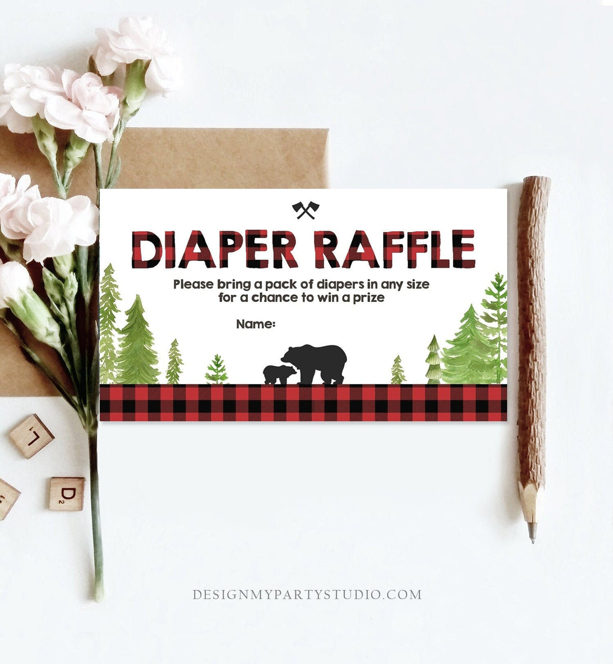 Editable Lumberjack Diaper Raffle Ticket Lumberjack Baby shower Diaper Game Rustic Bear Cub Diaper Ticket Template PRINTABLE Corjl 0191