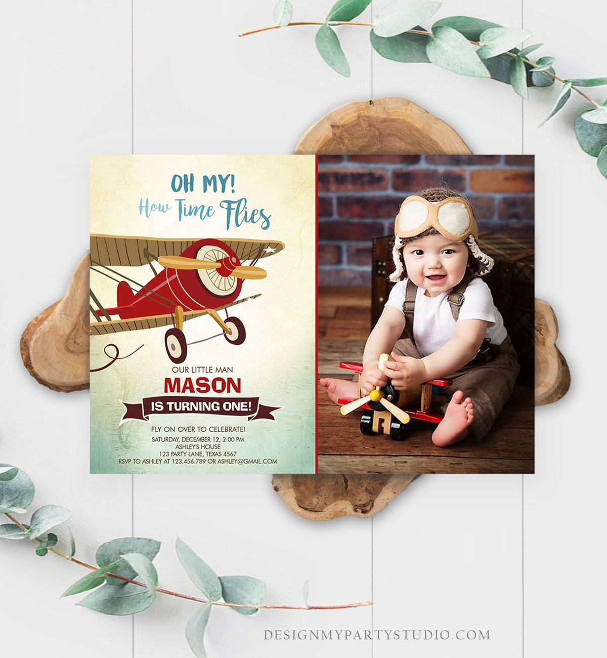 Editable Airplane Birthday Invitation Oh My How Time Flies Vintage Plane Sky 1st Red Biplane Aircraft Wing Download Corjl Template 0011