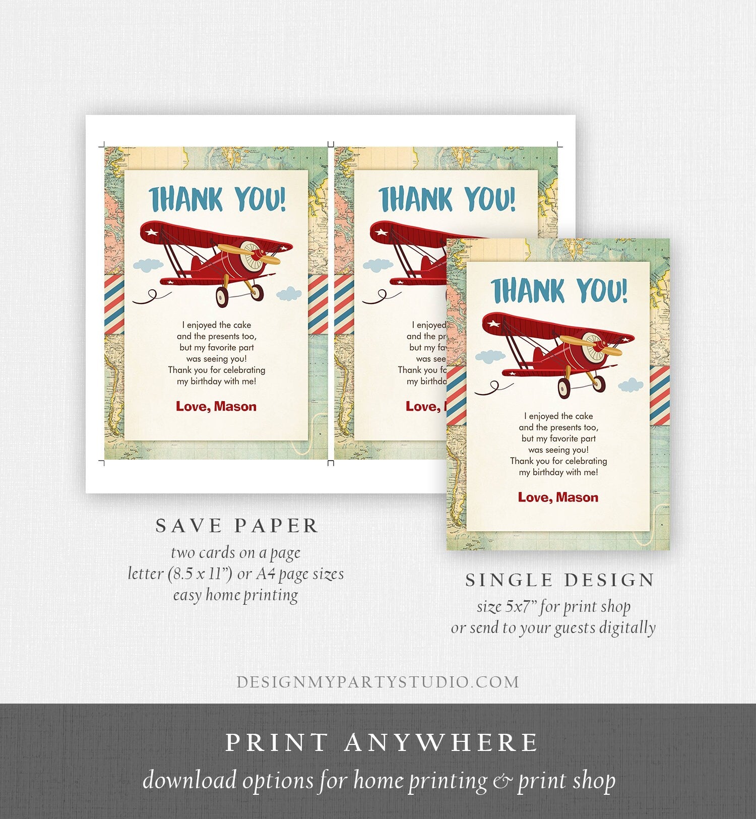 Editable Airplane Thank You Card Airplane Birthday Adventure Travel Baby Shower Vintage Red Plane Aircraft Download Corjl Template 0011