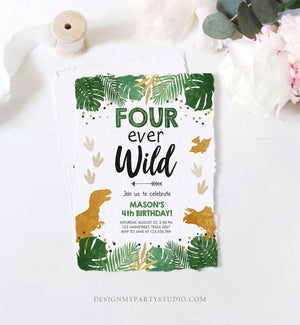 Editable Four Ever Wild Birthday Invitation Dinosaur Dino Party Boy 4th Fourth Birthday Green Gold Fourever Corjl Template Printable 0146