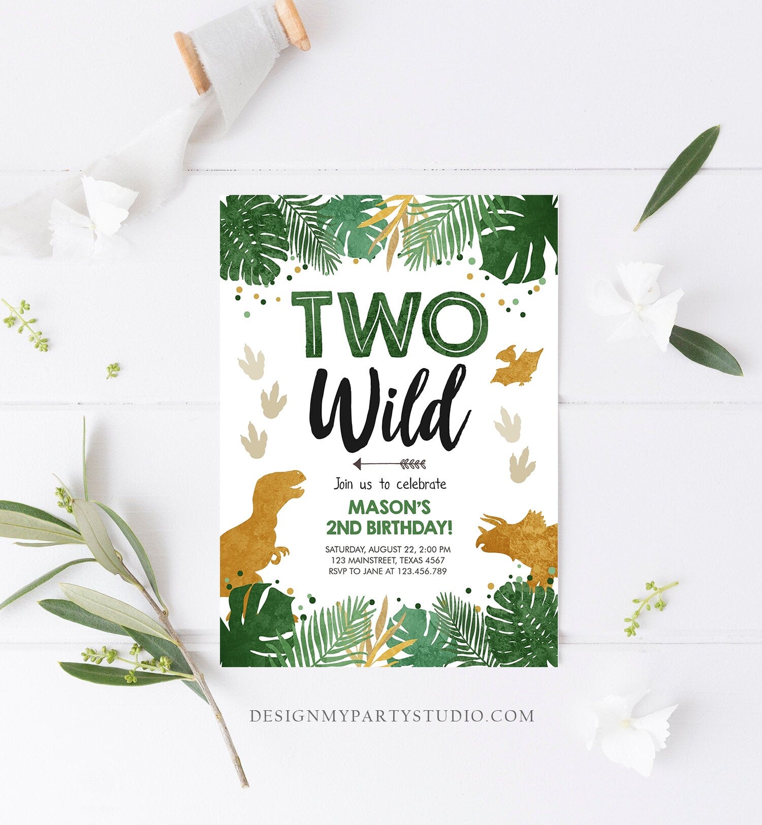 Editable Two Wild Birthday Invitation Dinosaur Dino Party Boy 2nd Second Birthday Green Gold In Two the Wild Corjl Template Printable 0146