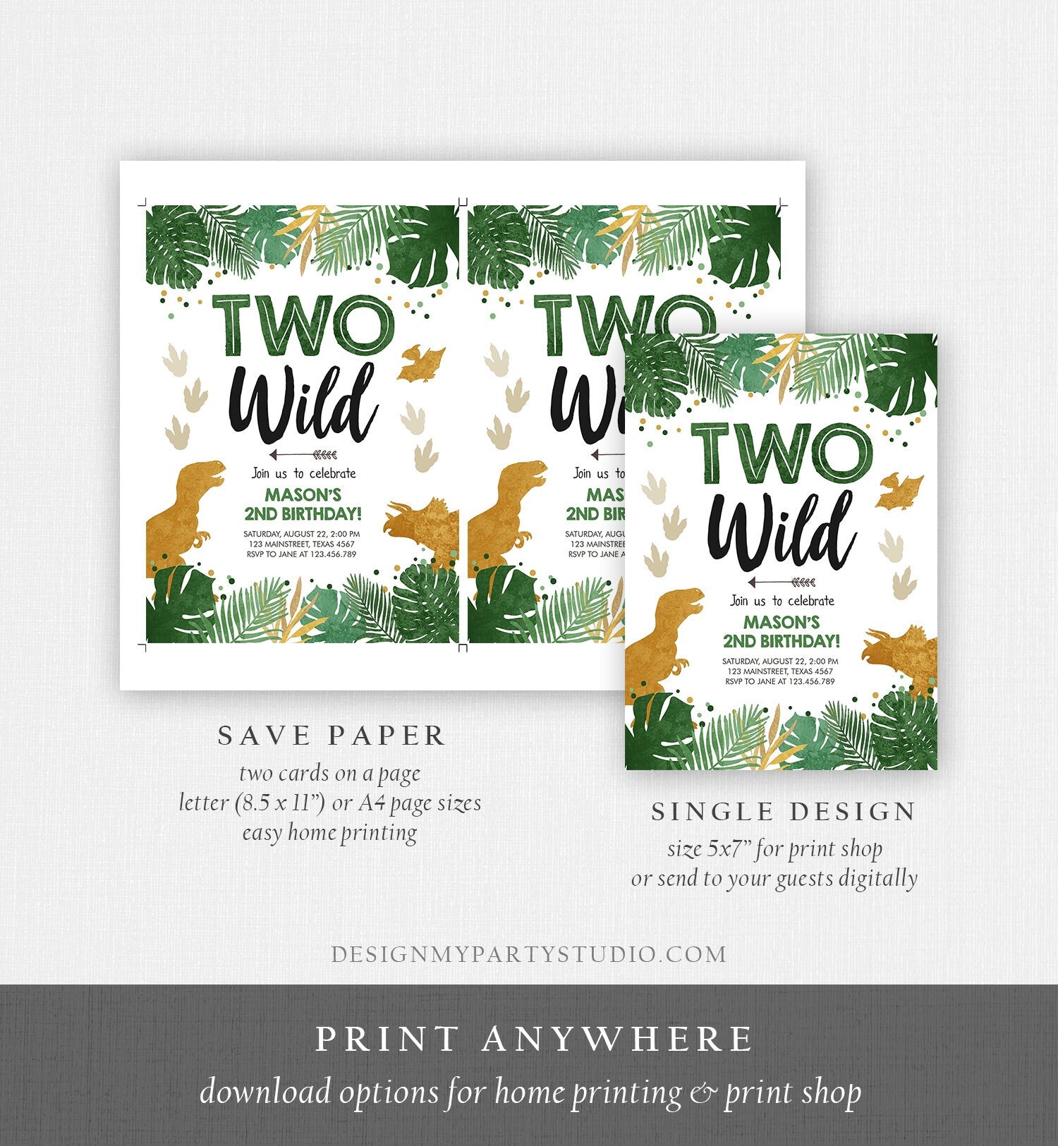 Editable Two Wild Birthday Invitation Dinosaur Dino Party Boy 2nd Second Birthday Green Gold In Two the Wild Corjl Template Printable 0146