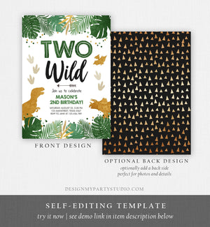 Editable Two Wild Birthday Invitation Dinosaur Dino Party Boy 2nd Second Birthday Green Gold In Two the Wild Corjl Template Printable 0146