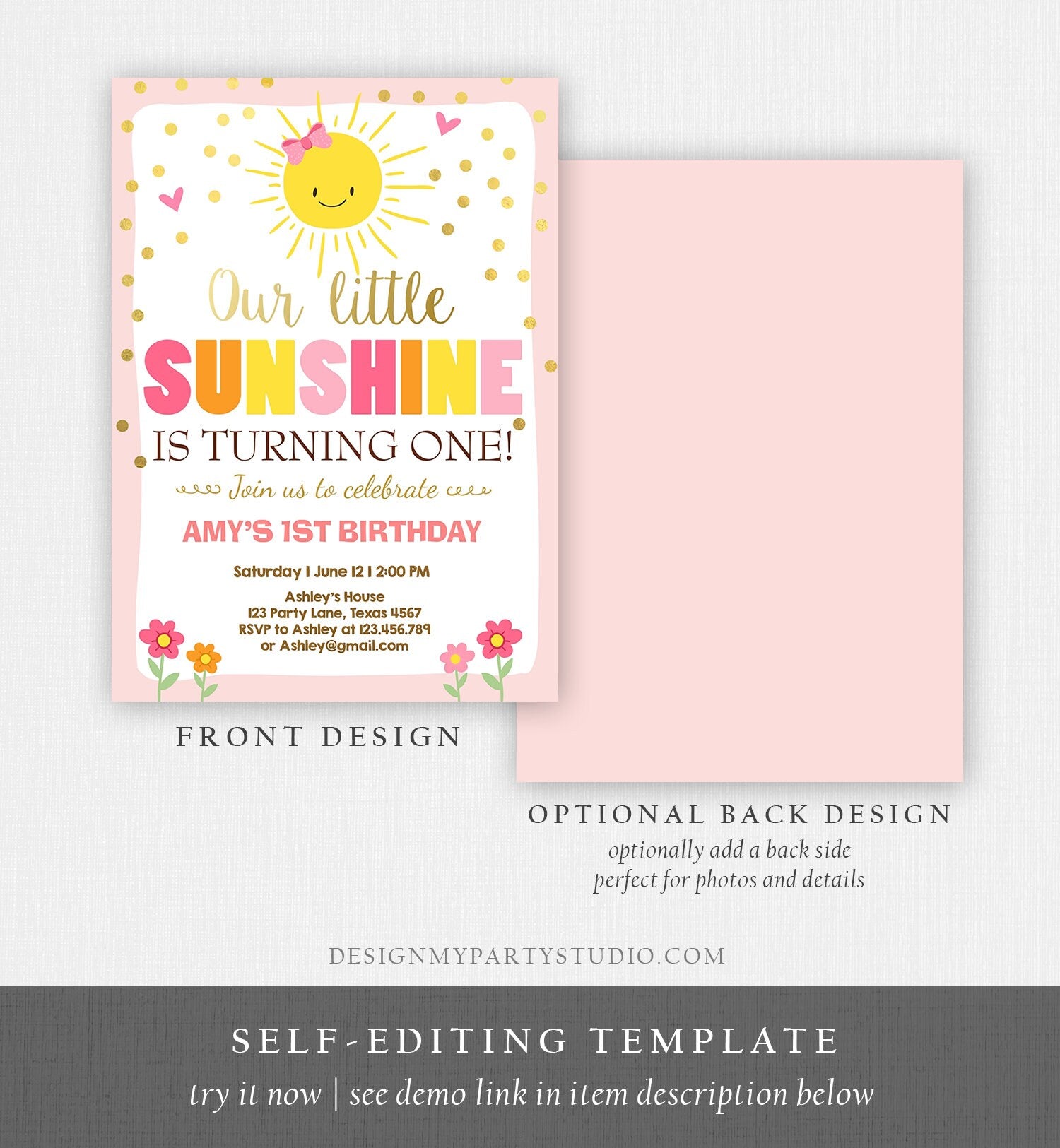 Editable Our Little Sunshine Birthday Invitation Girl Sunshine Party First Birthday 1st Party Pink Girl Bow Download Corjl Template 0070