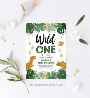 Editable Wild One Birthday Invitation Dinosaur Dino Party Boy 1st First Birthday Green Gold Born to be Wild Corjl Template Printable 0146