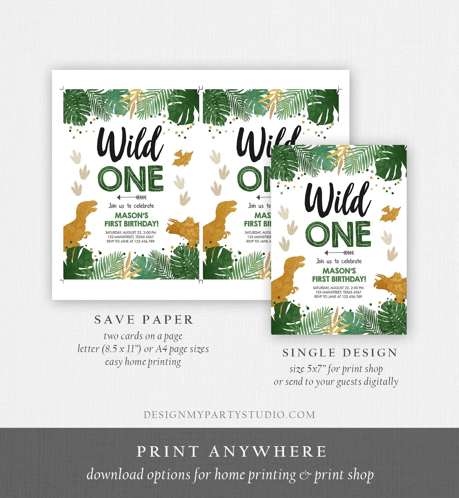 Editable Wild One Birthday Invitation Dinosaur Dino Party Boy 1st First Birthday Green Gold Born to be Wild Corjl Template Printable 0146