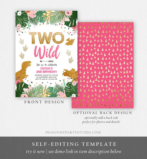 Editable Two Wild Birthday Invitation Dinosaur Dino Party Girl 2nd Second Birthday Pink Gold In Two the Wild Corjl Template Printable 0146