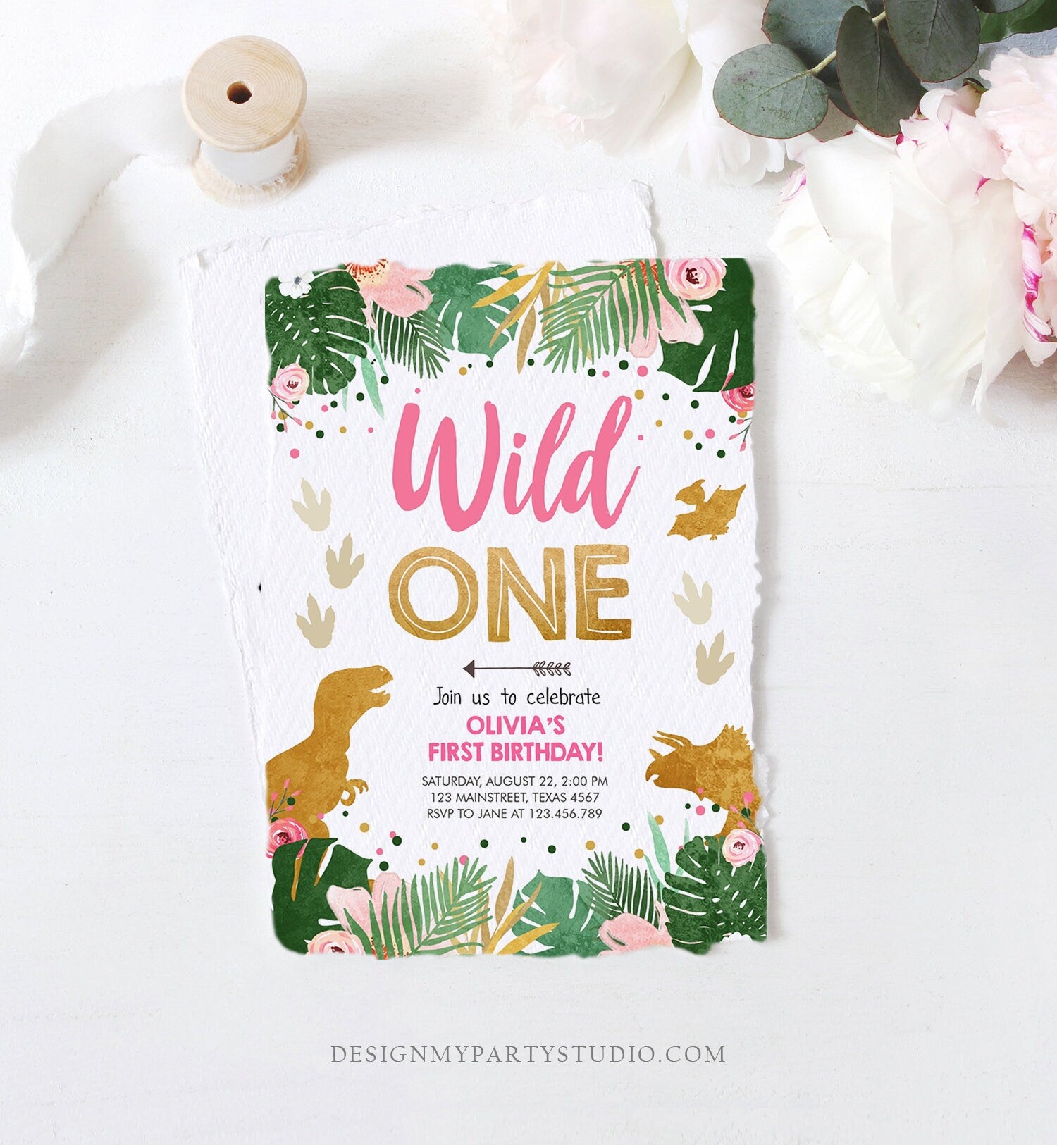 Editable Wild One Birthday Invitation Dinosaur Dino Party Girl 1st First Birthday Pink Gold Born to be Wild Corjl Template Printable 0146