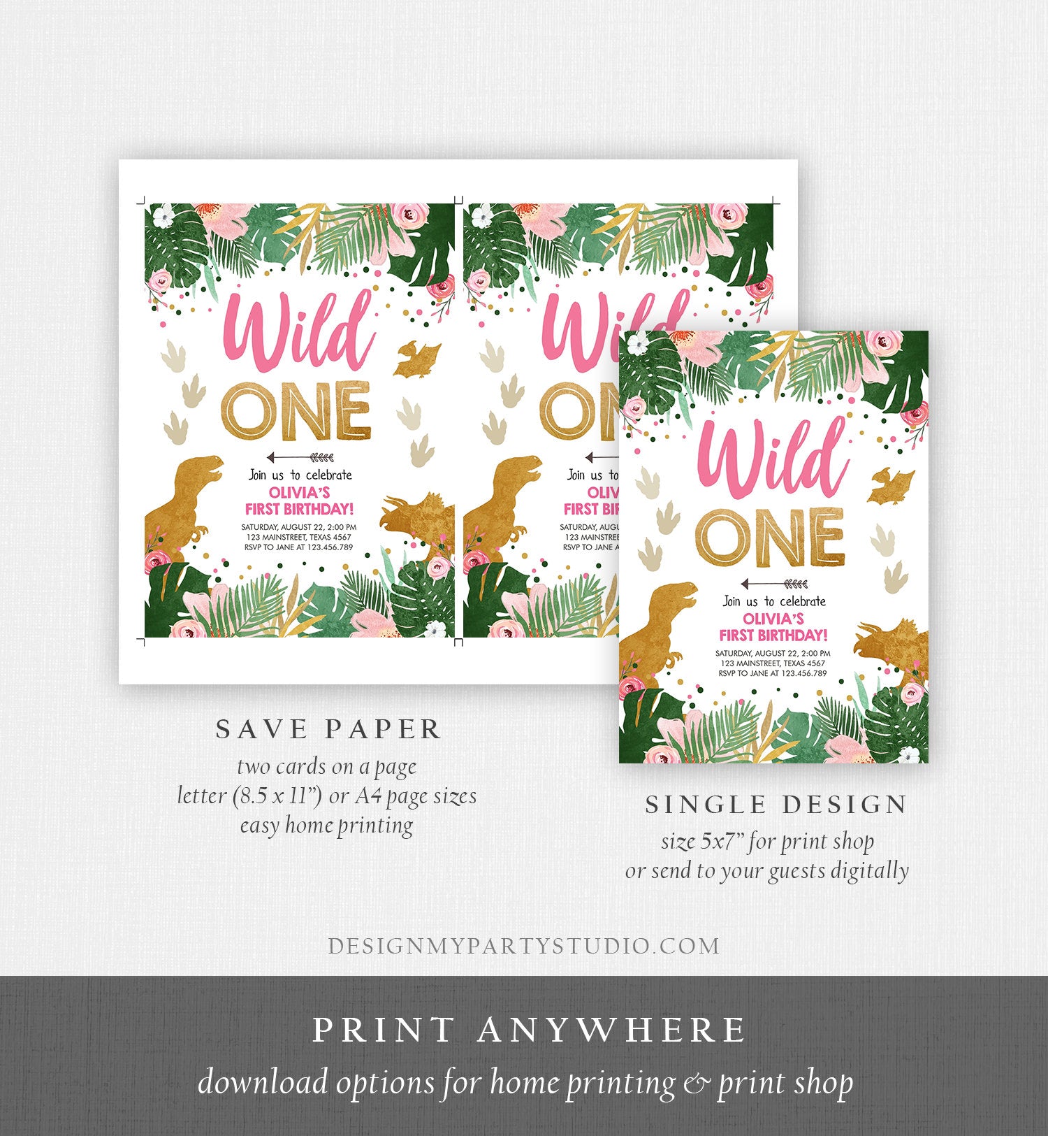 Editable Wild One Birthday Invitation Dinosaur Dino Party Girl 1st First Birthday Pink Gold Born to be Wild Corjl Template Printable 0146