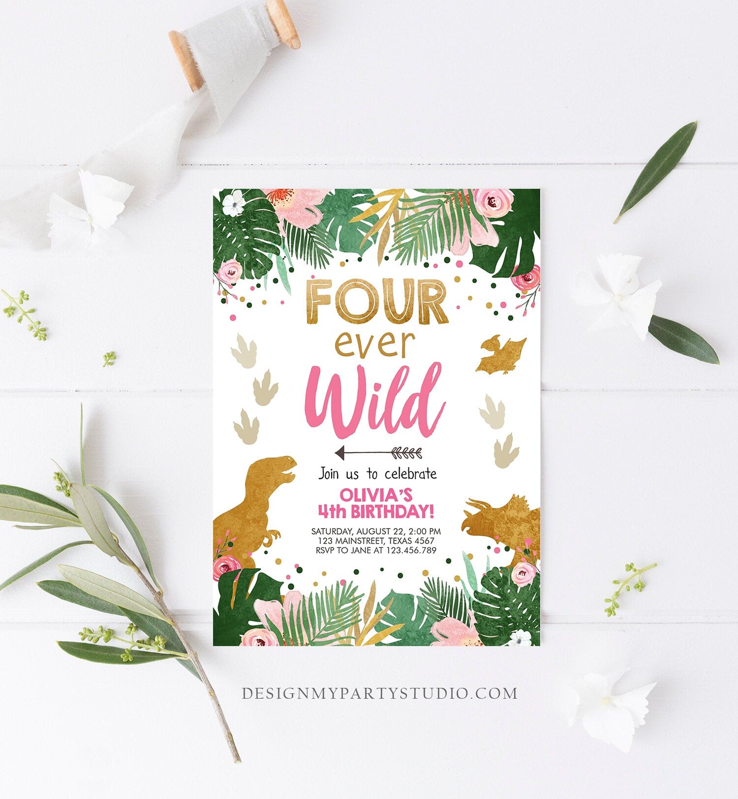 Editable Four Ever Wild Birthday Invitation Dinosaur Dino Party Girl 4th Fourth Birthday Pink Gold Fourever Corjl Template Printable 0146