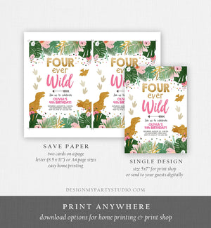 Editable Four Ever Wild Birthday Invitation Dinosaur Dino Party Girl 4th Fourth Birthday Pink Gold Fourever Corjl Template Printable 0146